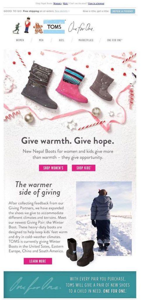 Tom's december newsletter titled "Give warmth.Give Hope" stating that for every shoe purchased, a pair is given to a disadvantaged child.